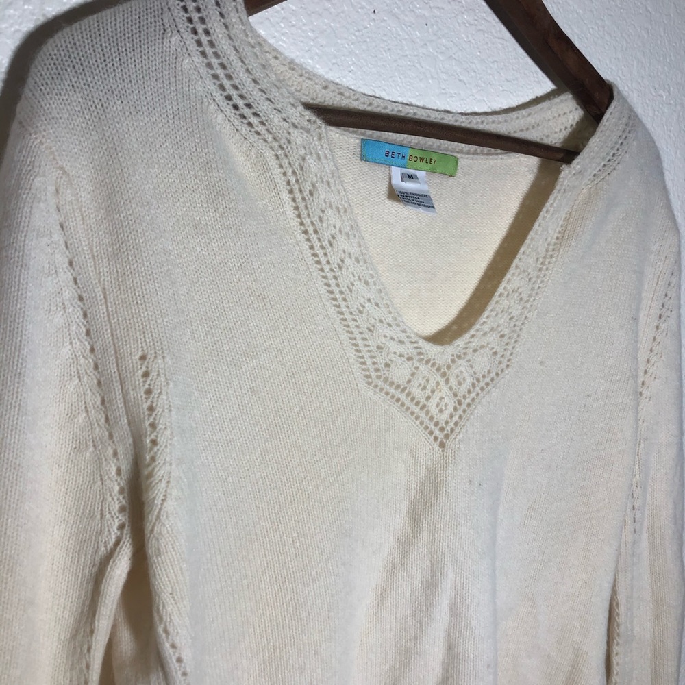 Beth Bowley Anthropologie 100% cashmere v neck bell sleeve sweater cream boho - Picture 5 of 5